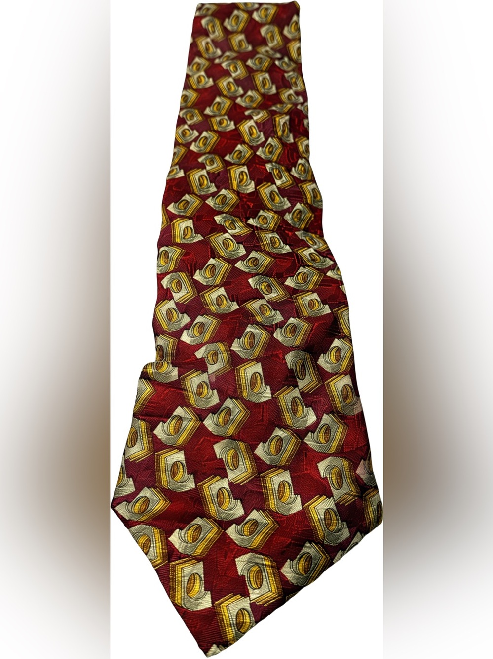 Ermenegildo Zegna Red Silk Tie with Gold and Cream Geometric Motif